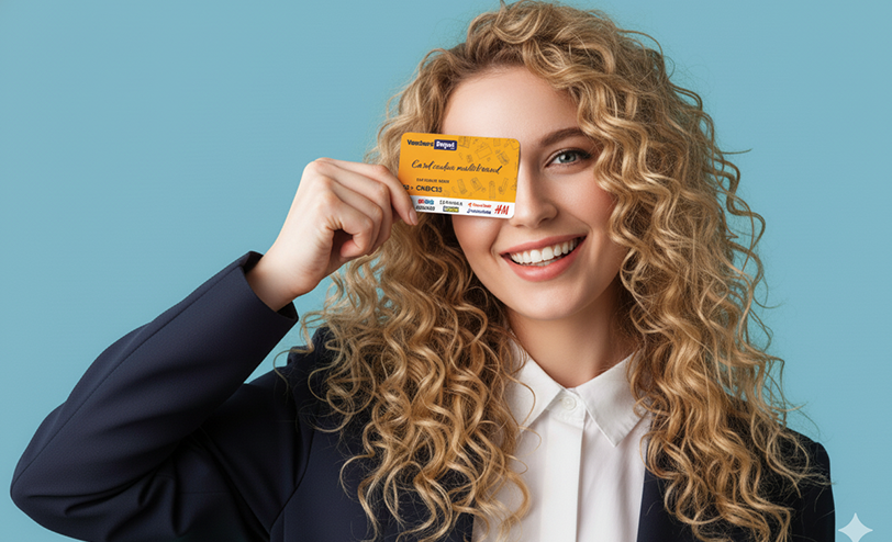 Clientă fericită care ține un card cadou Vouchers Depot, soluția simplă pentru a oferi bucurie instant, online.